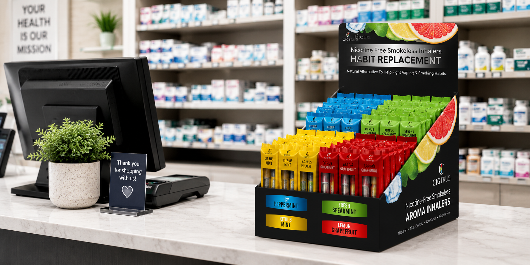 Cigtrus countertop display in pharmacy smoking cessation section