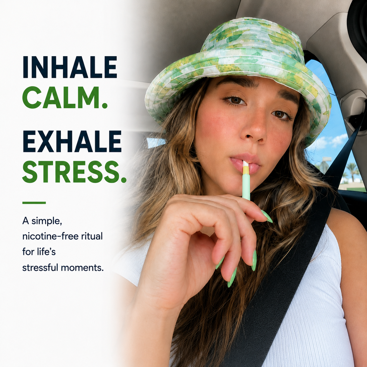 Woman using a Cigtrus nicotine-free smokeless inhaler outdoors