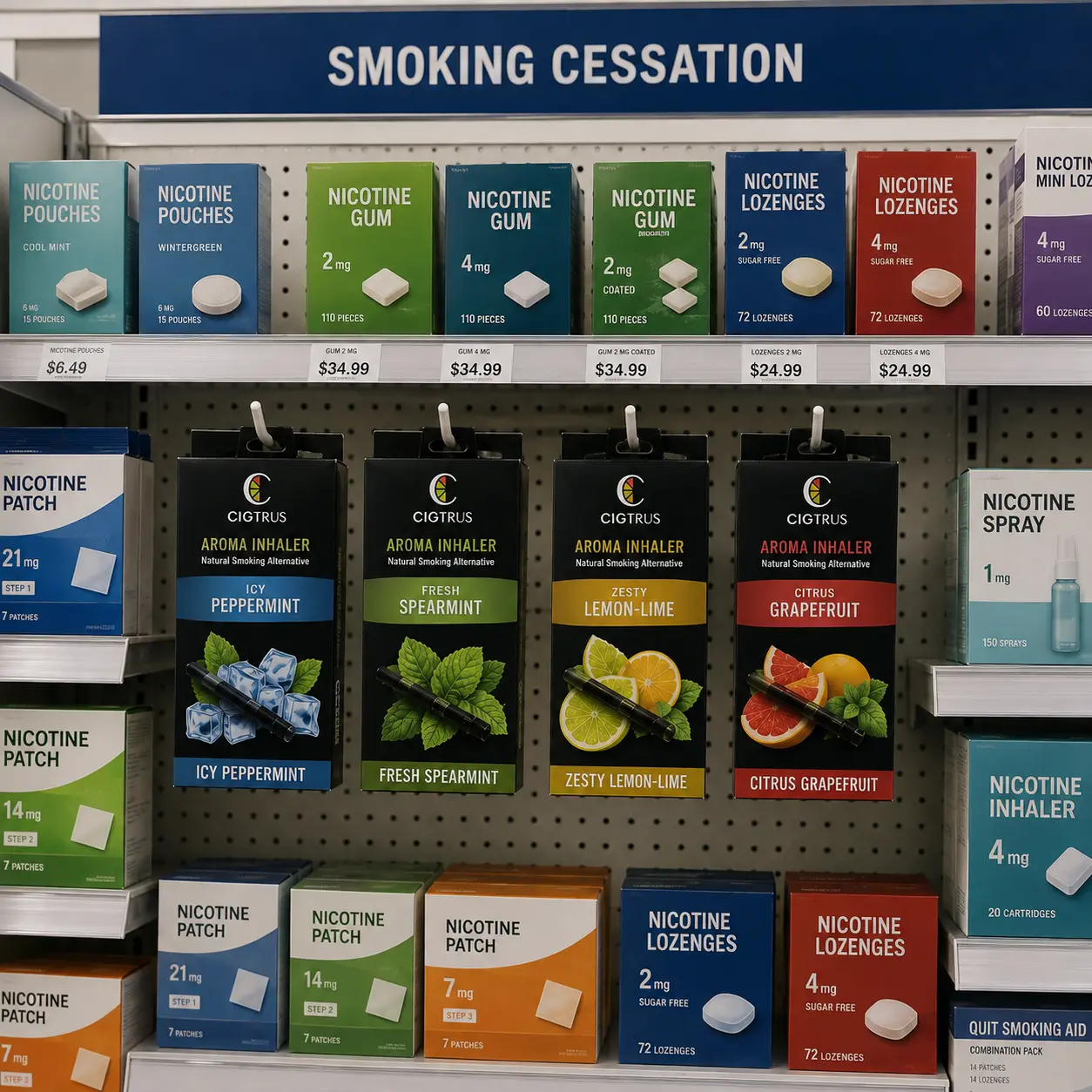 Cigtrus peg-ready products displayed in an OTC retail environment